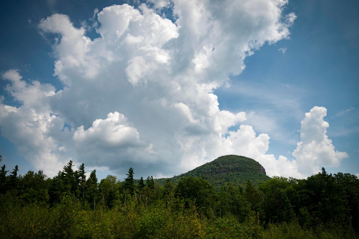 Green, tree-covered hill rises beneath a partly cloudy sky with large white clouds and blue patches. Dense forest fills the foreground.