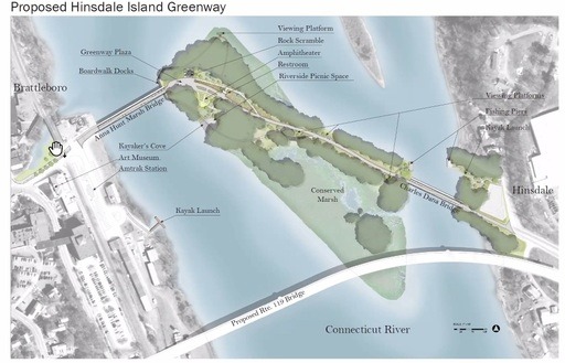 A map shows the proposed Hinsdale Island Greenway with labeled features including bridges, trails, a kayak launch, picnic spots, and viewing platforms along the Connecticut River.