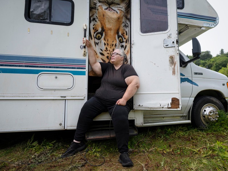 A person sits on the step of an old RV with peeling paint and a tiger curtain behind the open door, surrounded by grass and trees.