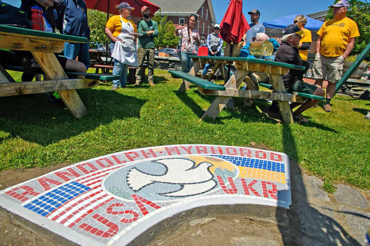 a group of people standing around a picnic table in a grassy area.