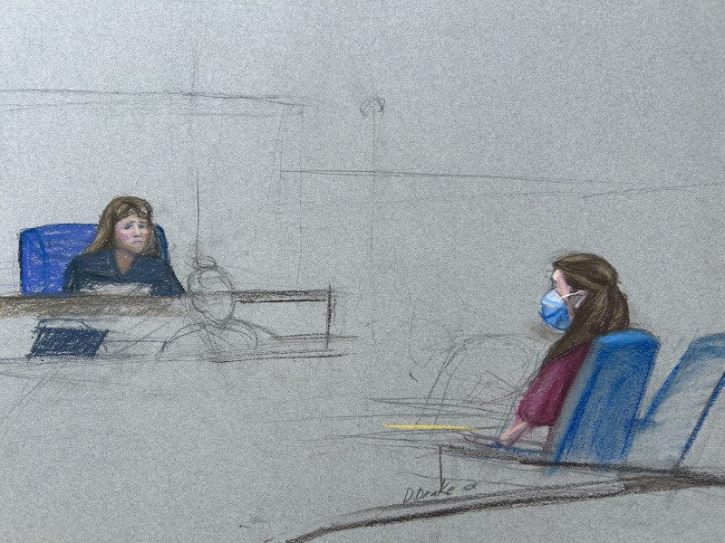 Courtroom sketch shows a judge at the bench and a woman wearing a mask seated at a table, facing the judge.