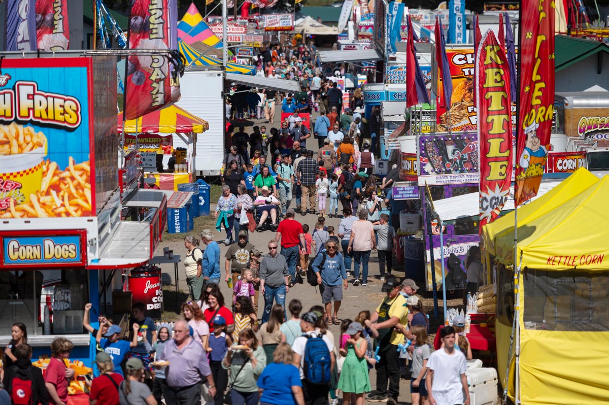 A crowded fairground scene with people walking between food stalls selling items like corn dogs, kettle corn, and fries under bright banners and signs.