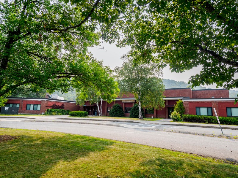 A red brick building with large windows is partially obscured by leafy trees, with a road and grassy area in the foreground.