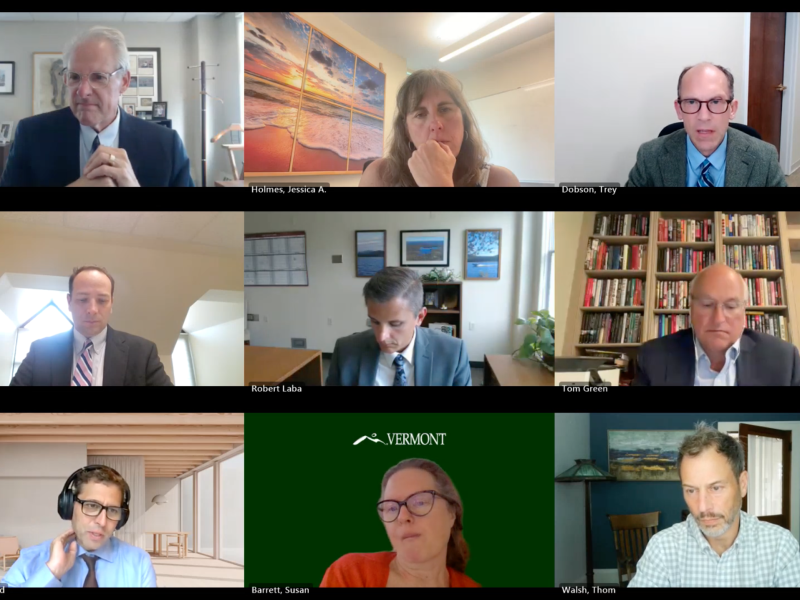 Screenshot of a virtual meeting with ten professionally dressed participants, each in individual video call frames, with various office and home backgrounds visible.