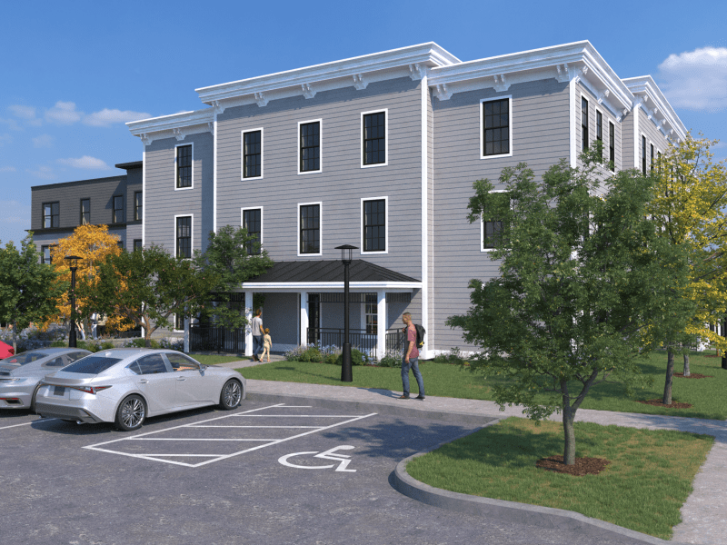 Apartment building and parking lot