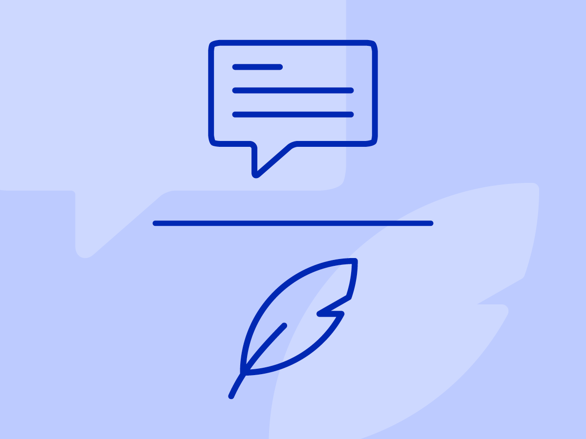Illustration of a speech bubble and a feather pen on a light blue background.