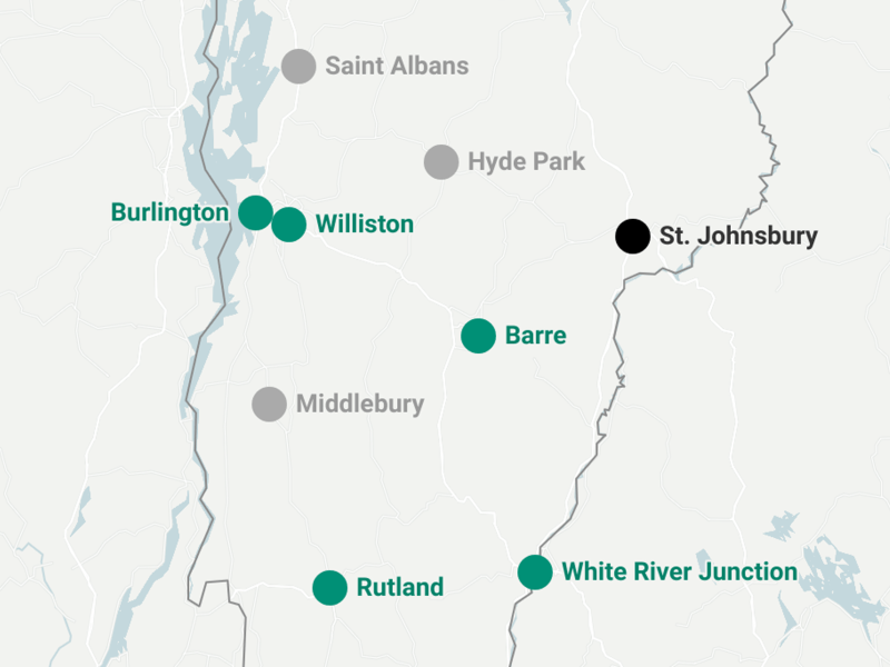 Map of Vermont showing locations: Burlington, Williston, St. Johnsbury, Middlebury, Saint Albans, Hyde Park, Barre, White River Junction, and Rutland, each marked with colored dots.